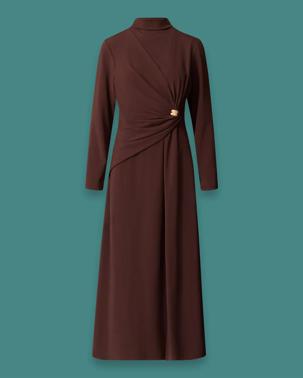 Drape ve Aksesuar Detaylı Dik Yaka Uzun Elbise