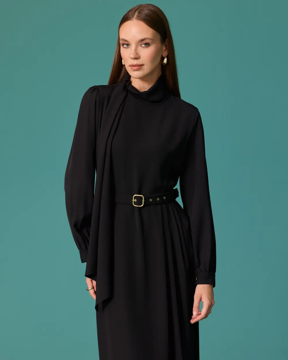 Long Dress with a Stand-Up Collar, Belt, and Scarf Detail