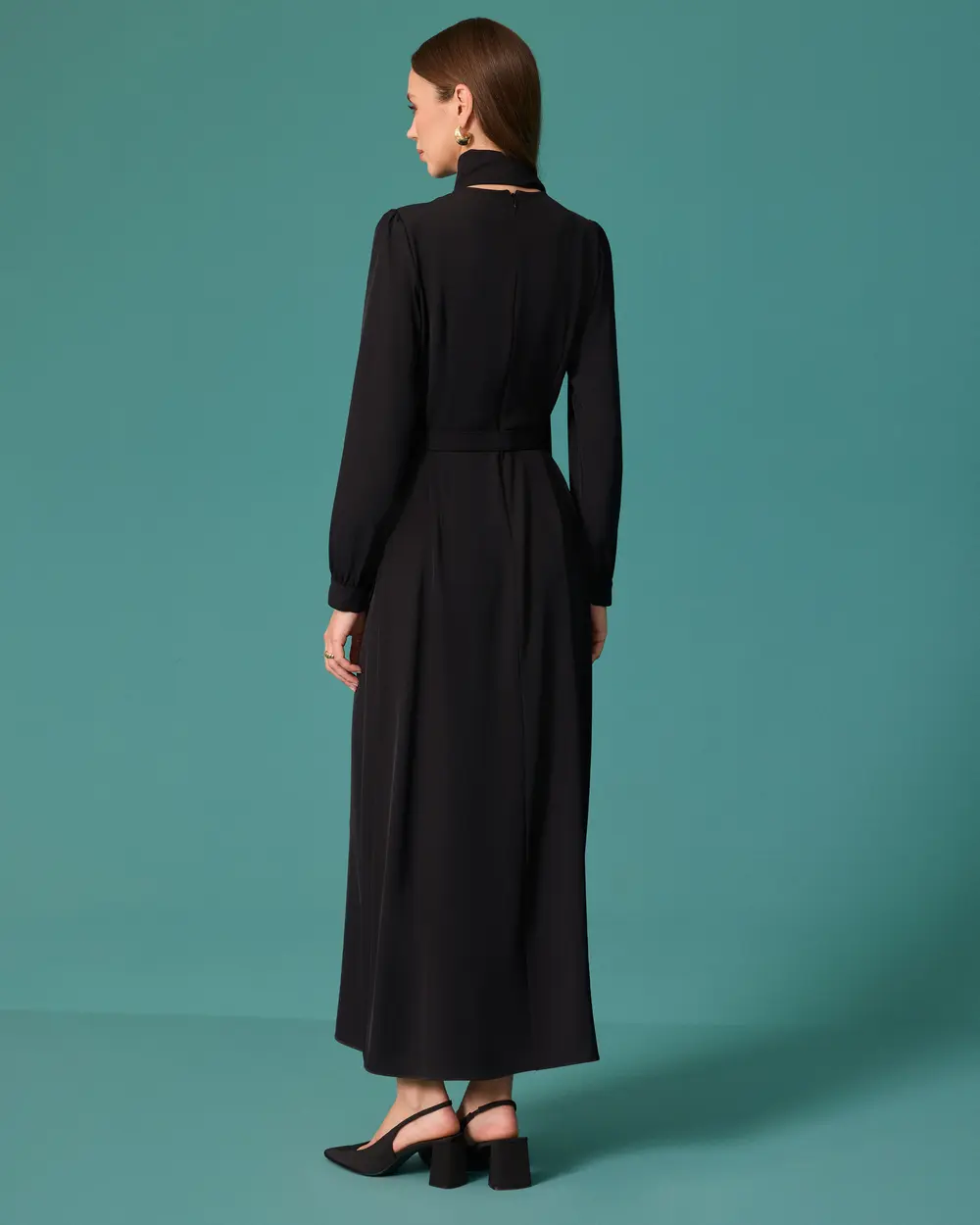 Long Dress with a Stand-Up Collar, Belt, and Scarf Detail