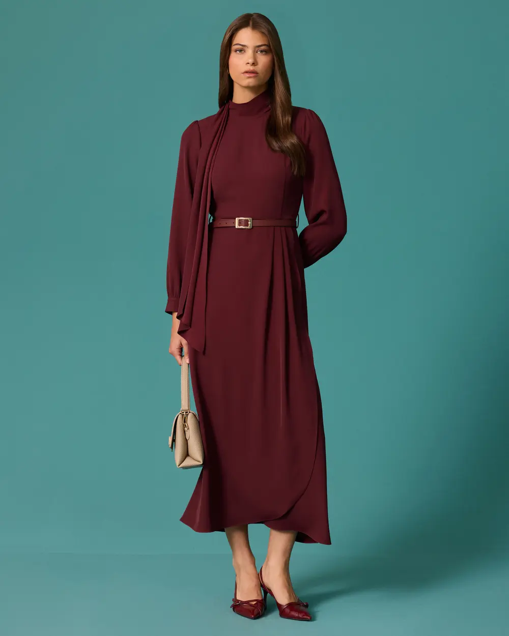 Long Dress with a Stand-Up Collar, Belt, and Scarf Detail