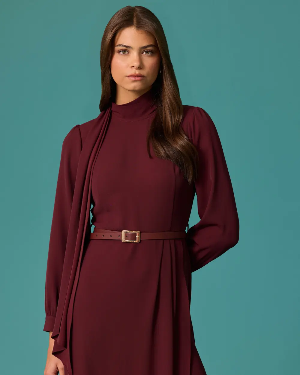 Long Dress with a Stand-Up Collar, Belt, and Scarf Detail