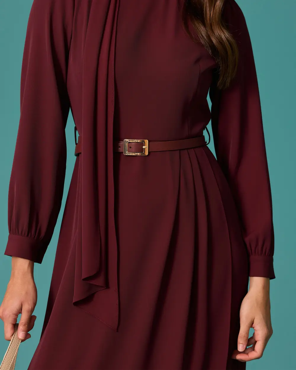 Long Dress with a Stand-Up Collar, Belt, and Scarf Detail