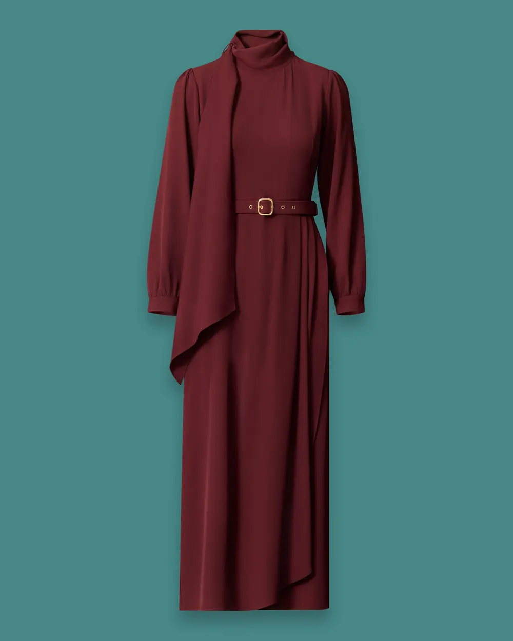 Long Dress with a Stand-Up Collar, Belt, and Scarf Detail