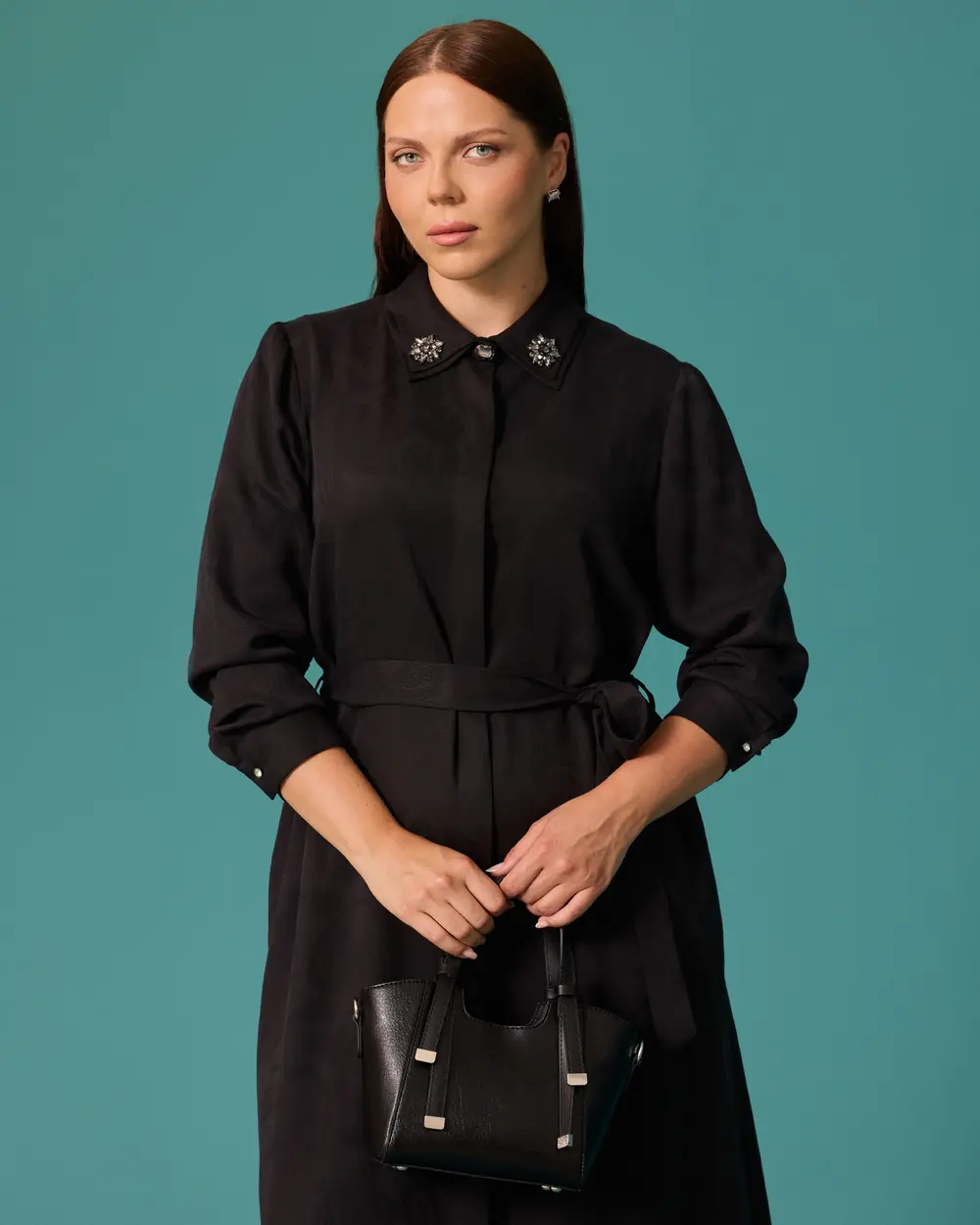 Plus-Size Shawl-Patterned Shirt-Collar Maxi Dress