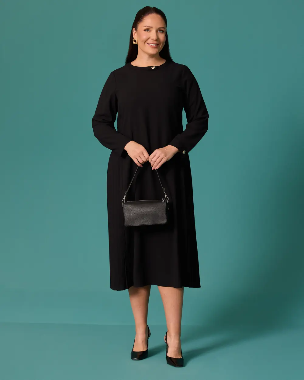 Plus-Size Pleated Crew-Neck Dress