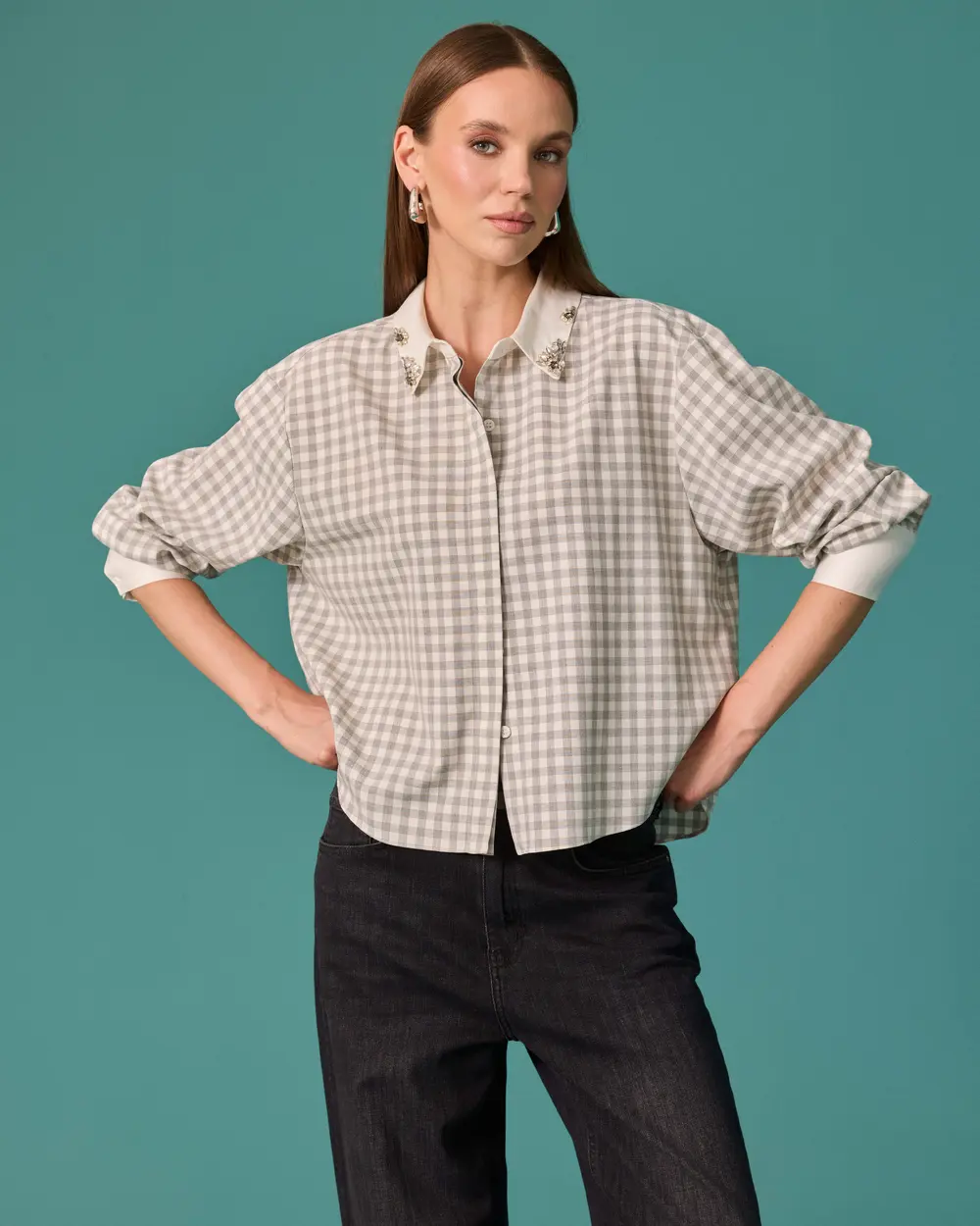 Checkered Shirt with Stone-Detail Collar
