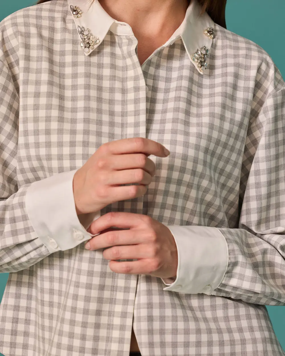 Checkered Shirt with Stone-Detail Collar