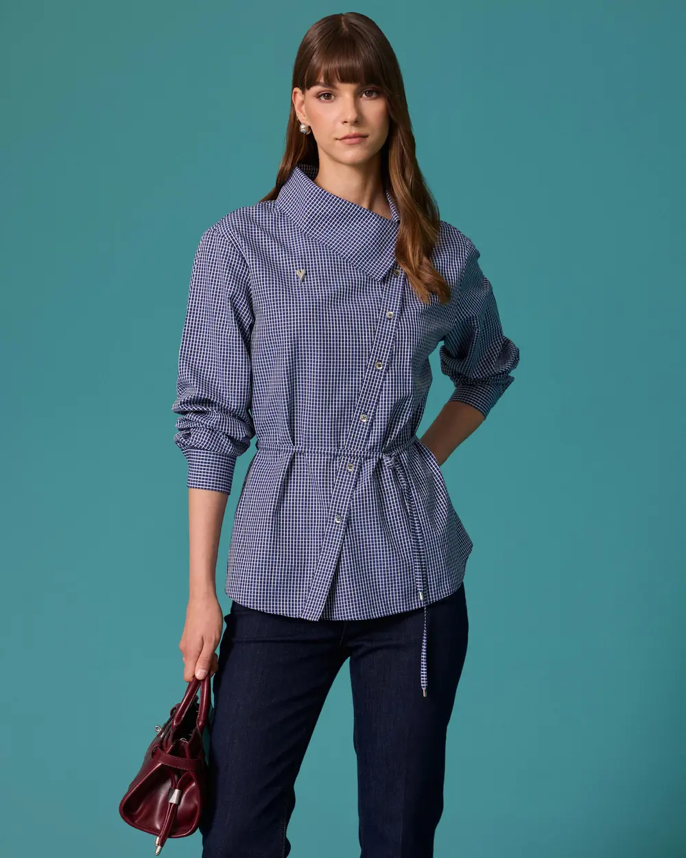 Asymmetrical-Collar Shirt with Gathered Details and a Belt