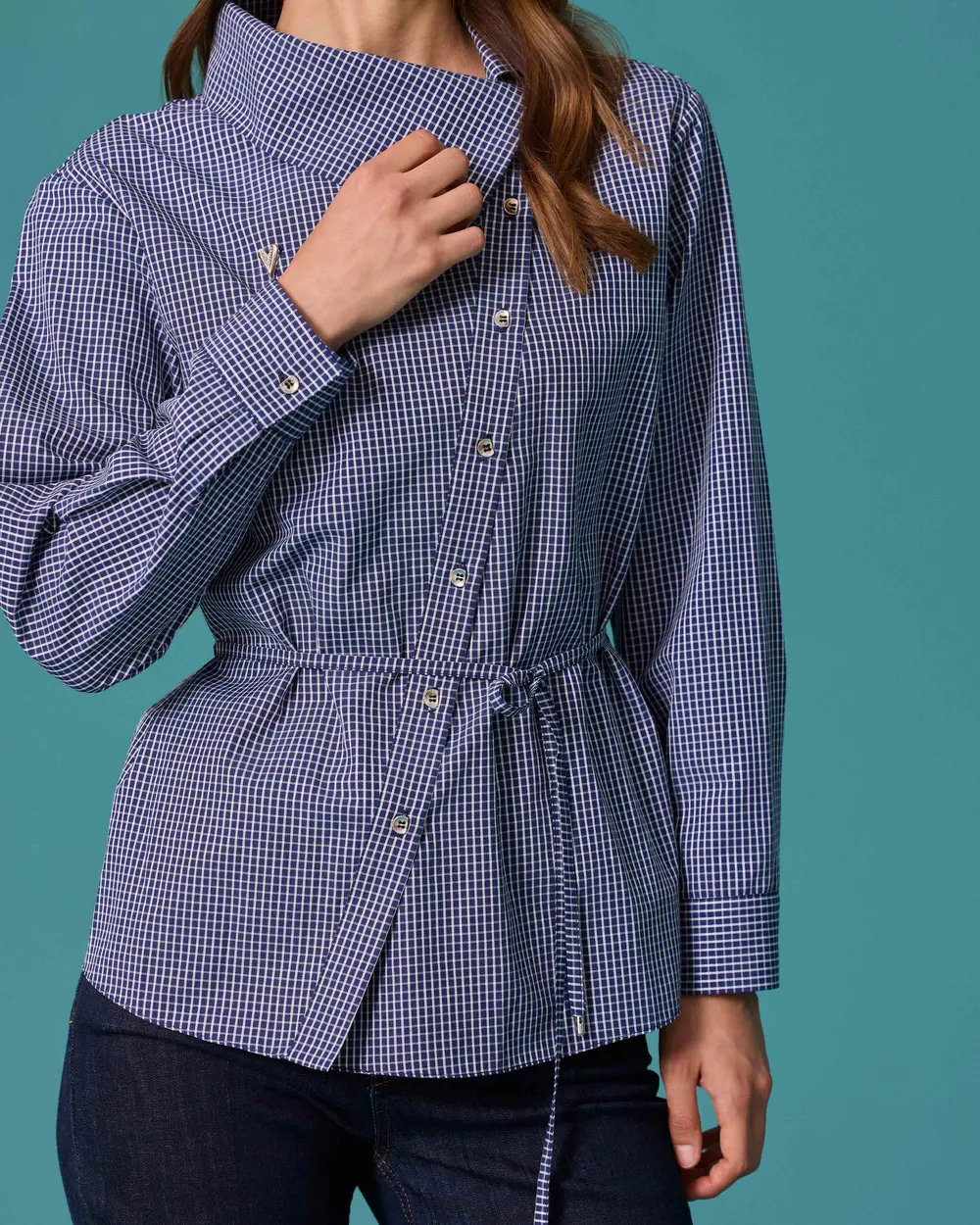 Asymmetrical-Collar Shirt with Gathered Details and a Belt