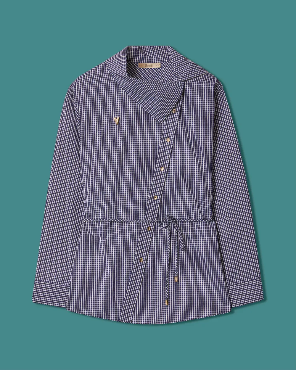 Asymmetrical-Collar Shirt with Gathered Details and a Belt