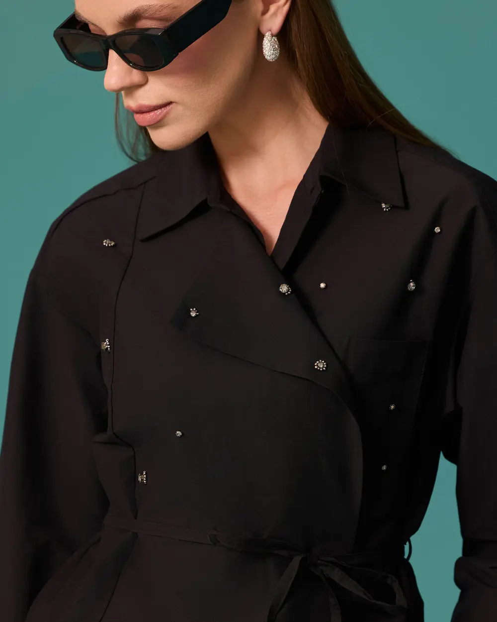 Shirt with a Stone-Embellished Sash Detail
