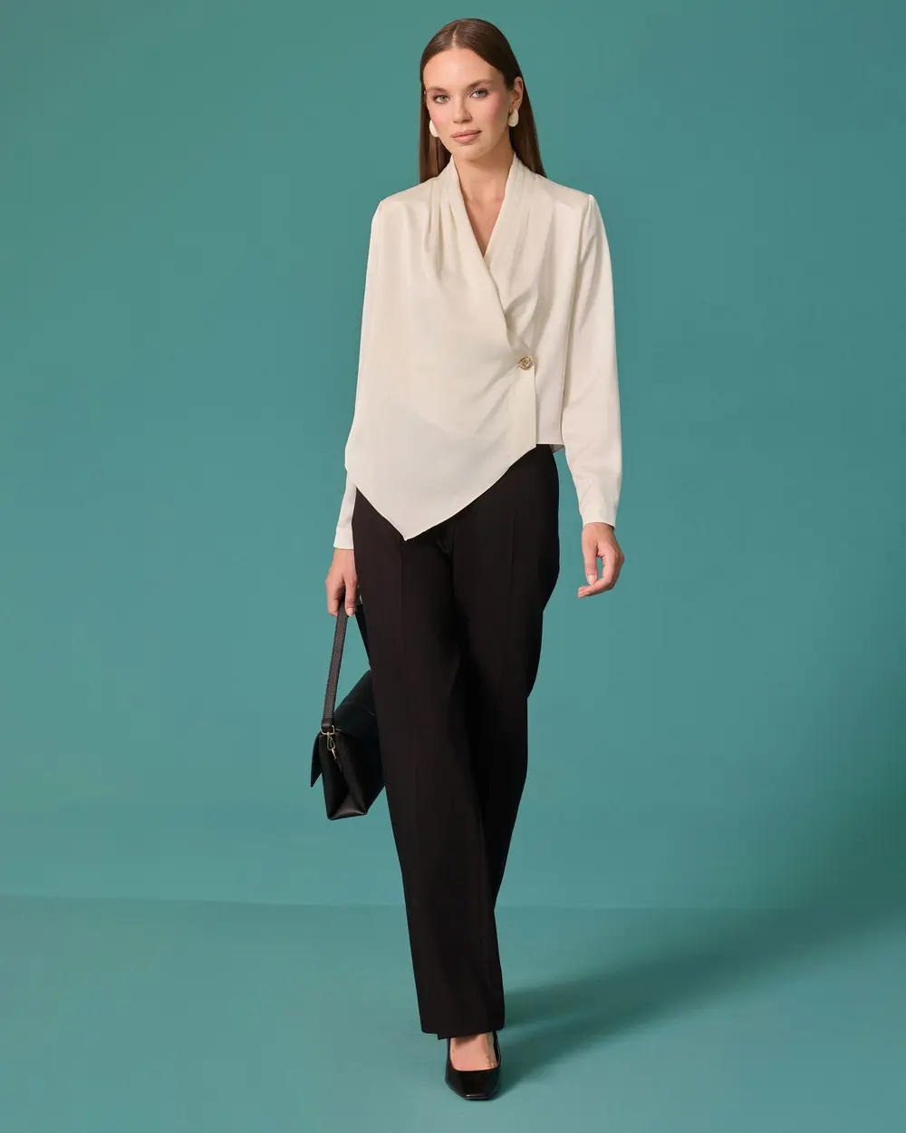 Satin Shirt with a Shawl Collar and Stone Button Details