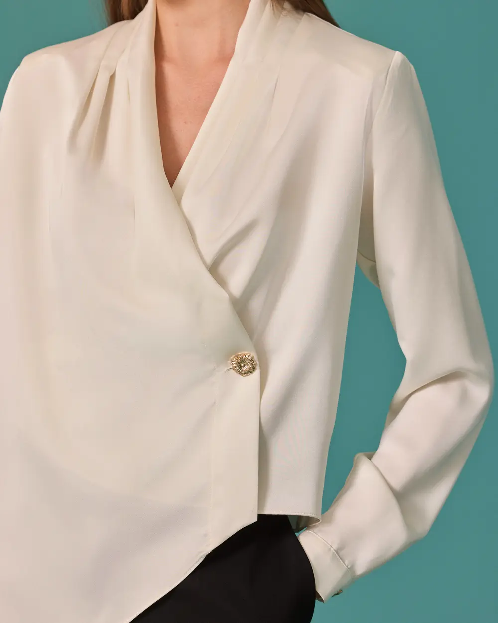 Satin Shirt with a Shawl Collar and Stone Button Details