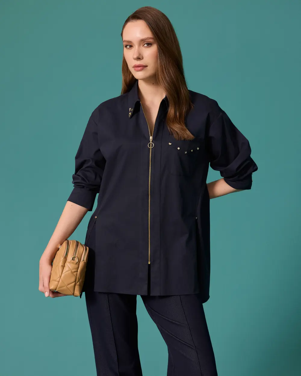 Stone-Detail Pocketed Zipper Shirt