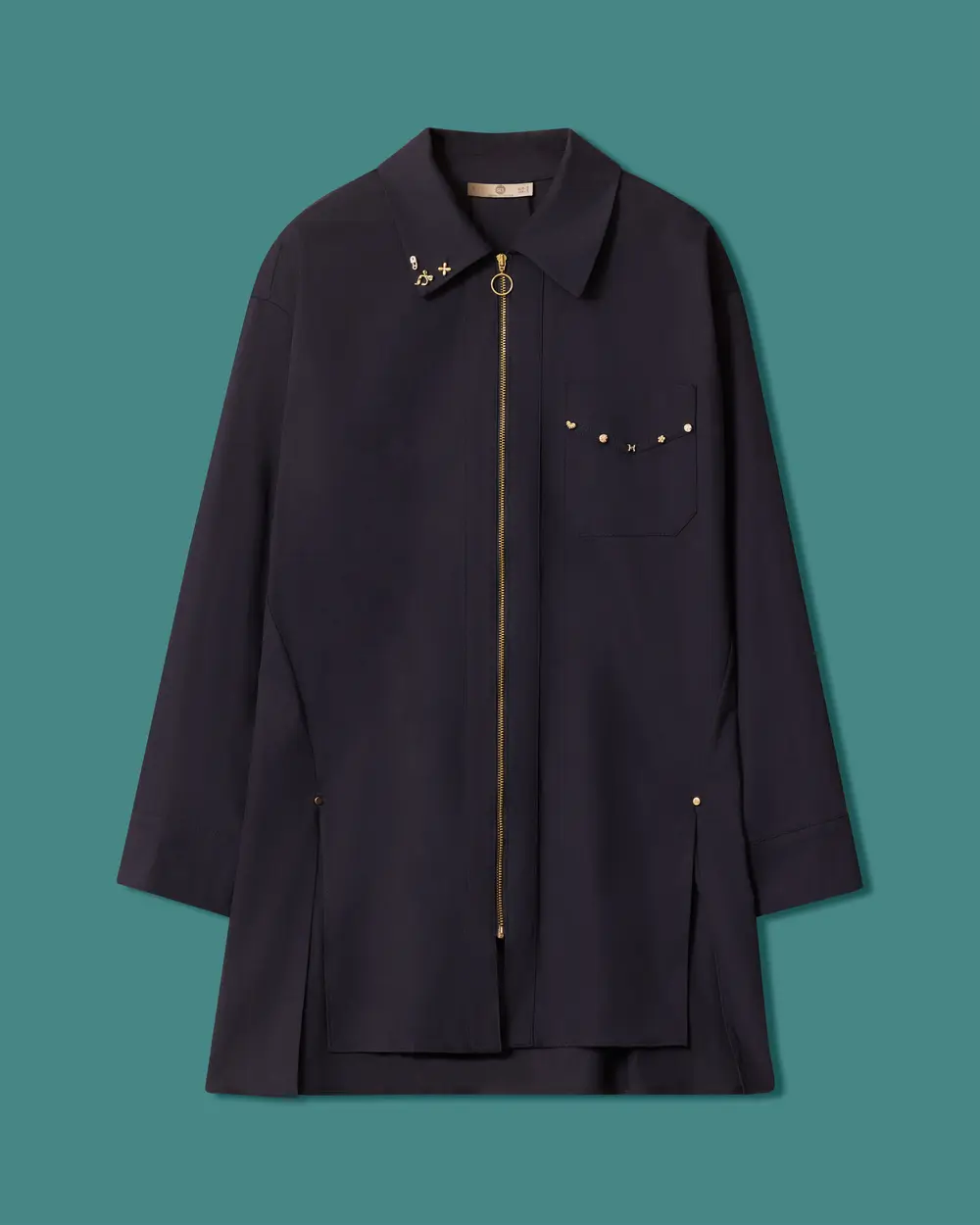Stone-Detail Pocketed Zipper Shirt