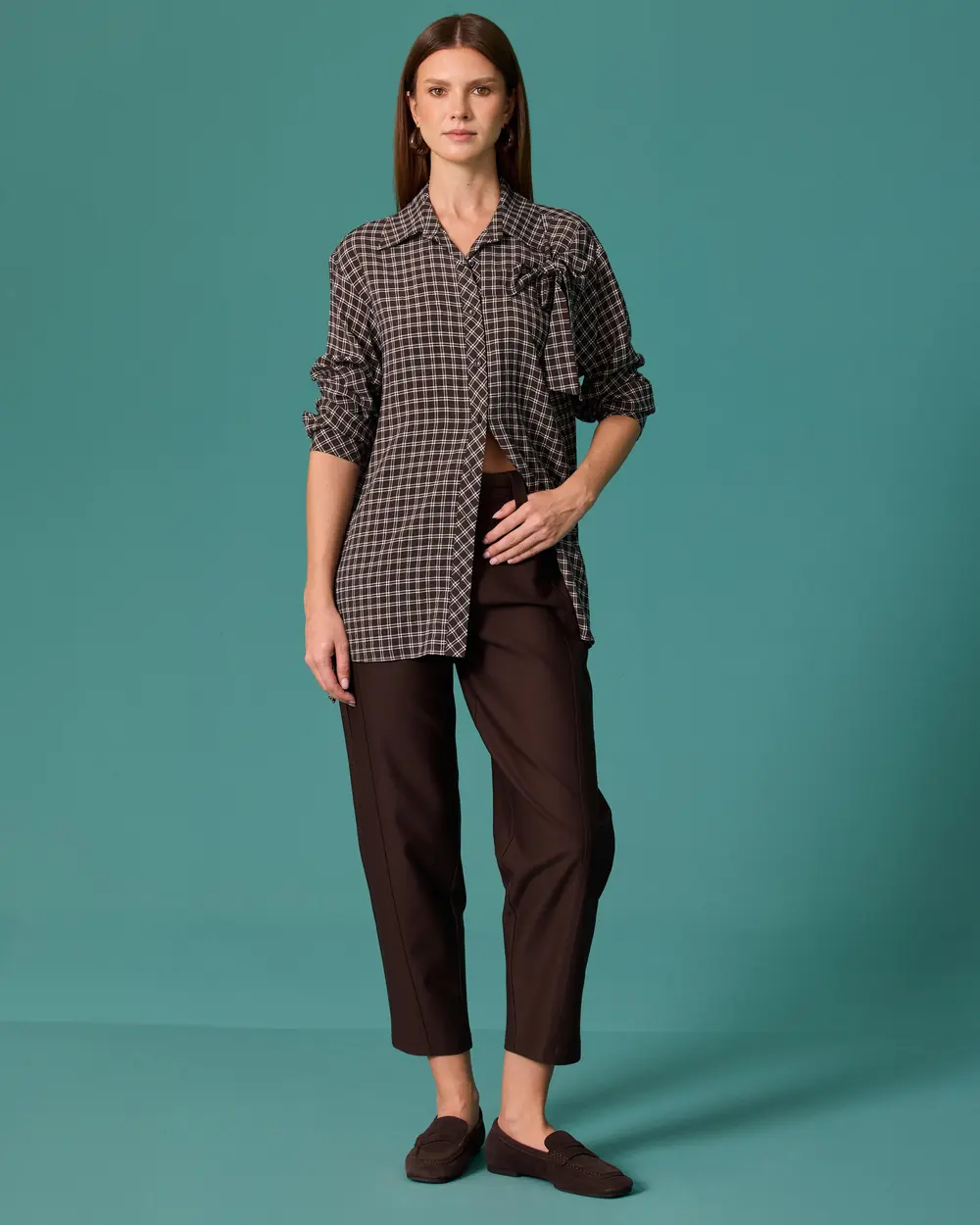 Checkered Shirt with Pocket Details and Lace-Up Closure