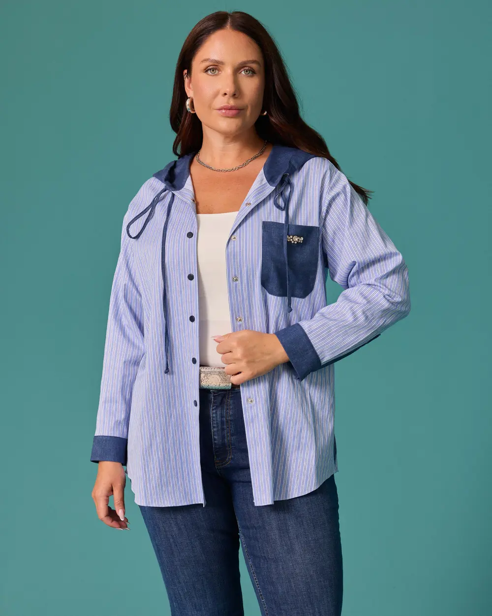 Plus-Size Hooded Striped Shirt with Pocket Details