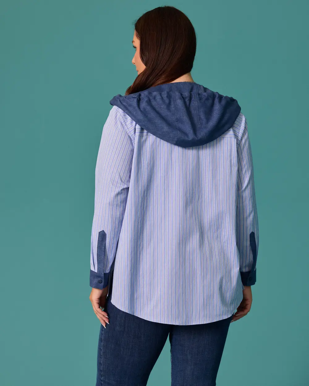 Plus-Size Hooded Striped Shirt with Pocket Details