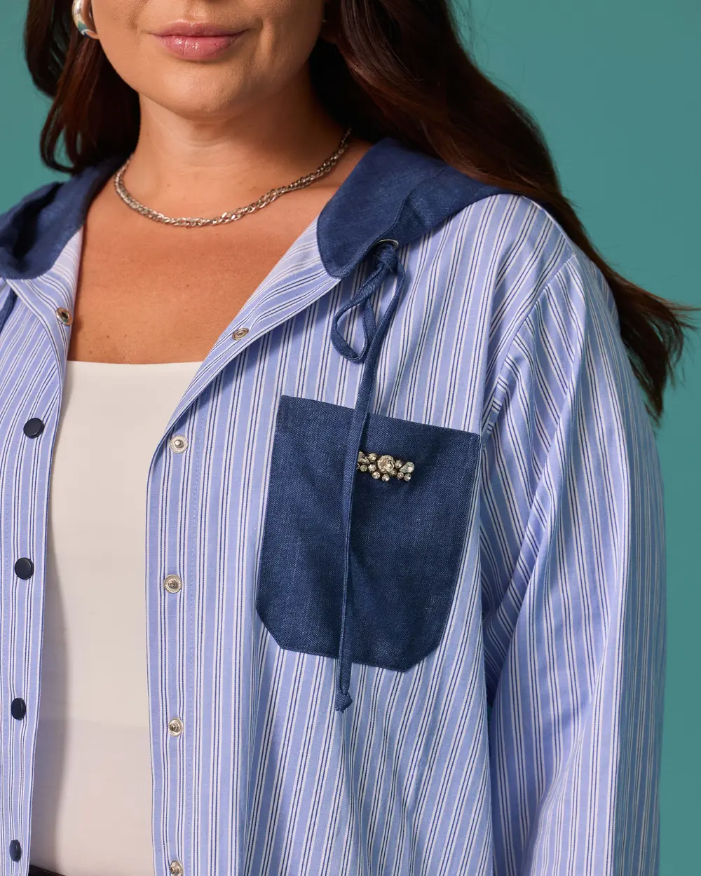 Plus-Size Hooded Striped Shirt with Pocket Details
