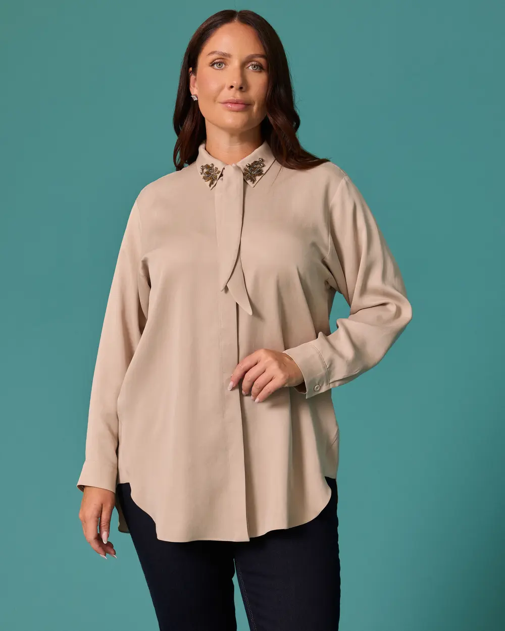 Oversized Stone-Embellished Shirt with a Scarf Collar