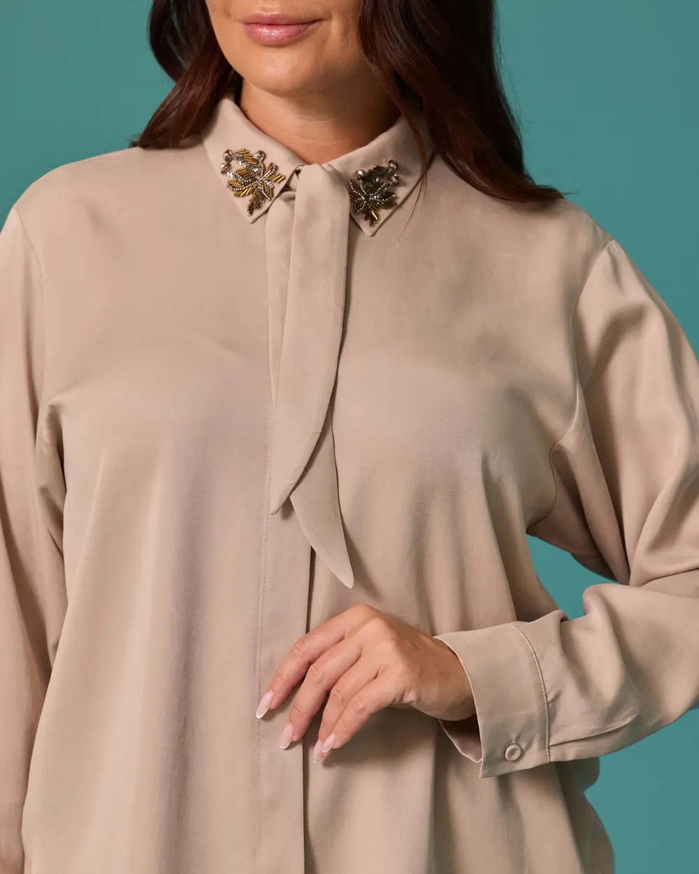 Oversized Stone-Embellished Shirt with a Scarf Collar