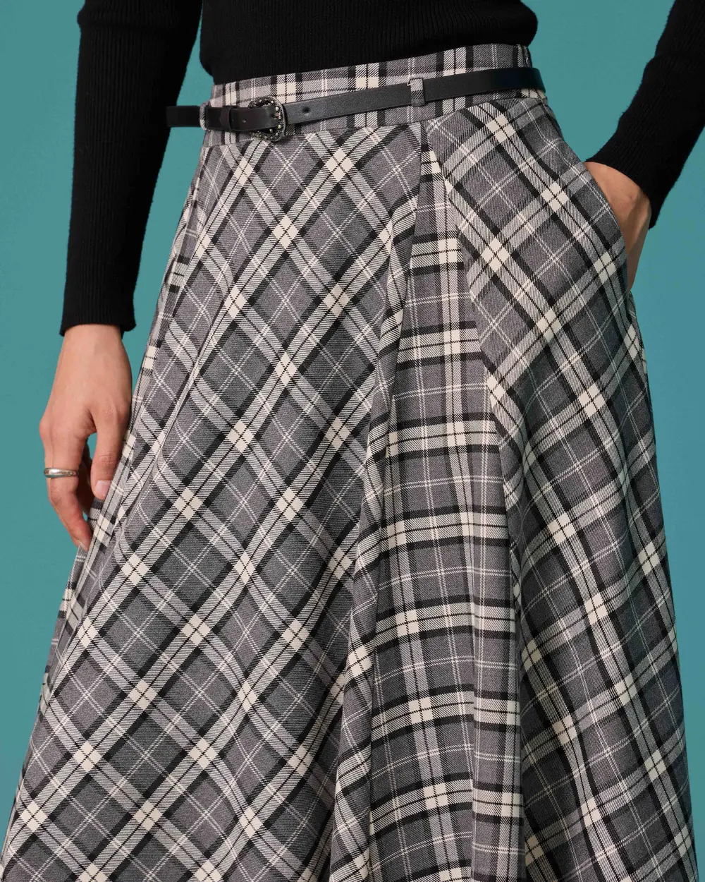 Checkered A-Line Midi Skirt