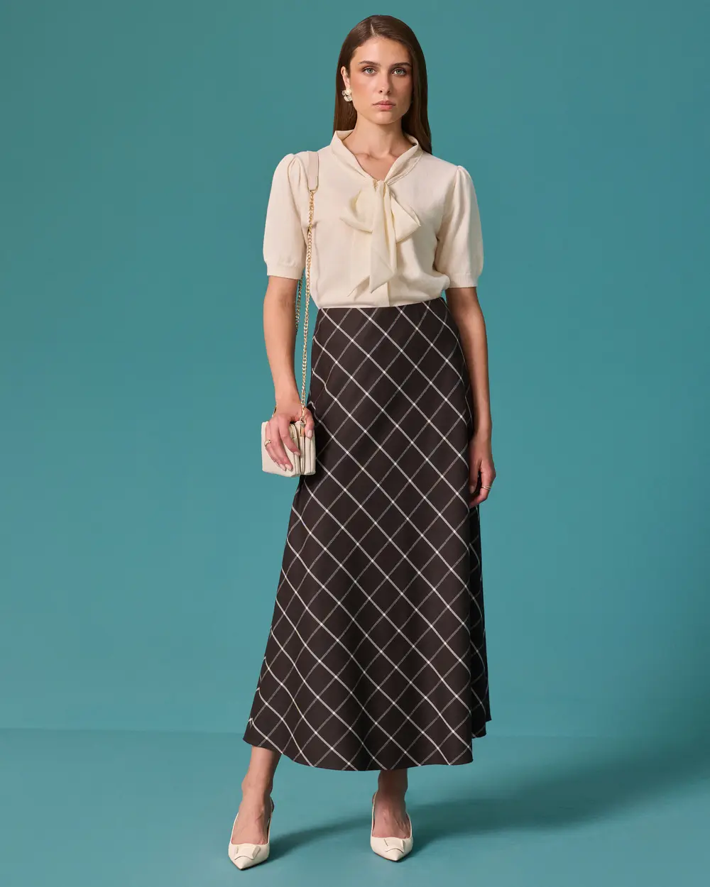A-Line Long Skirt with Plaid Pattern