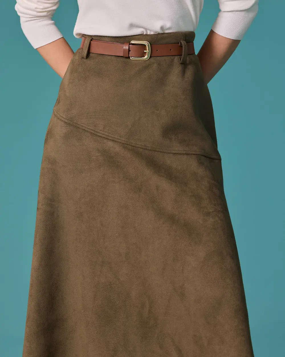 Suede-Look Asymmetrical-Cut Midi Skirt