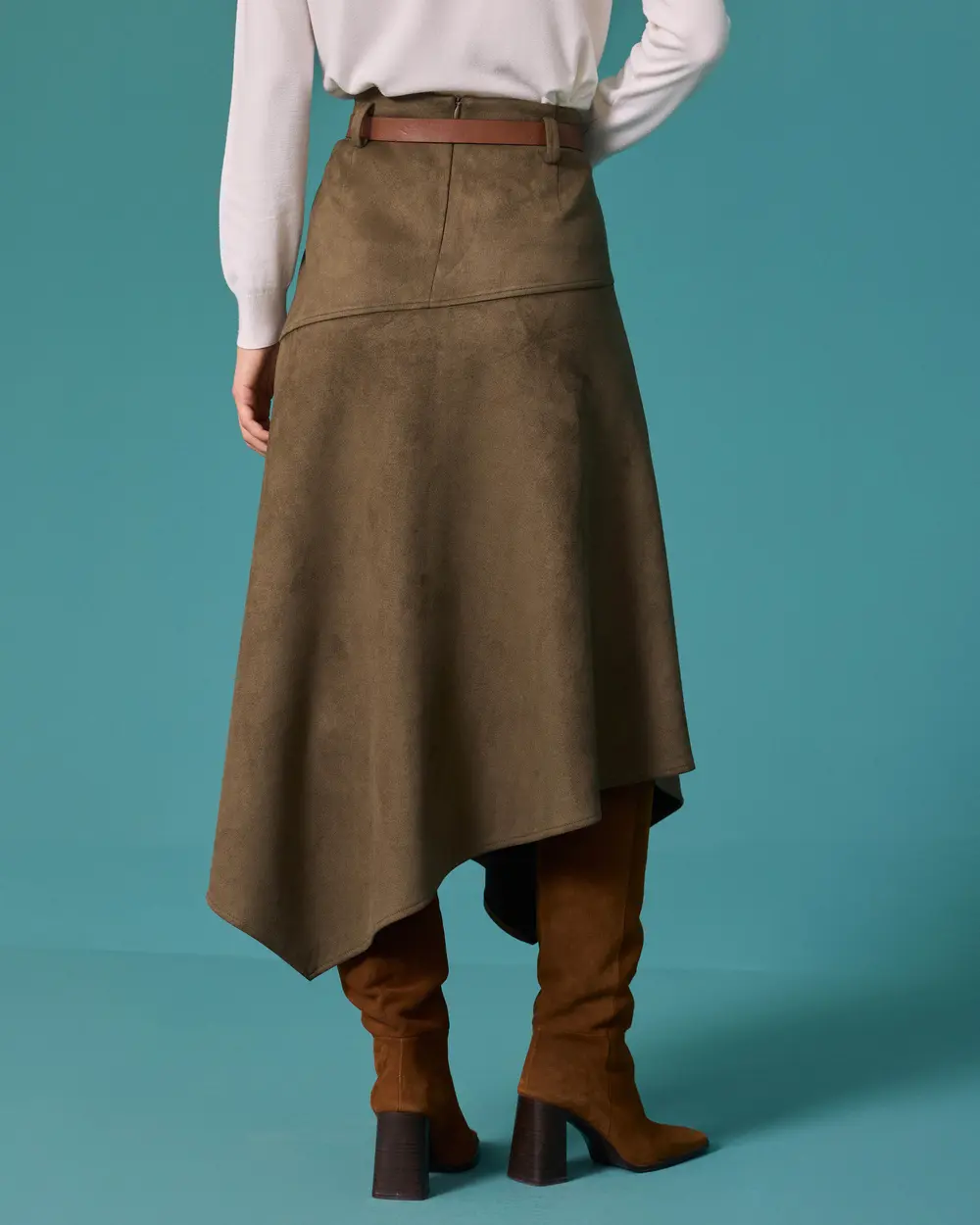 Suede-Look Asymmetrical-Cut Midi Skirt