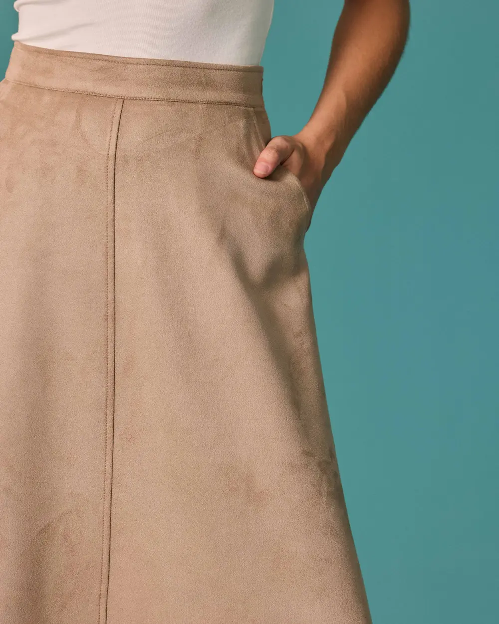 Long A-Line Skirt with Suede-Look Detail and Pockets