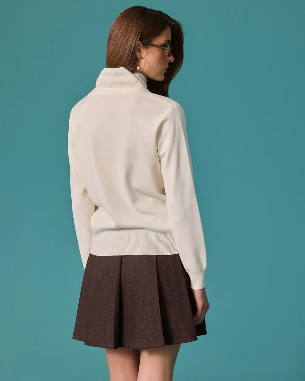 V-Neck Knit Sweater with Pearl Button Details