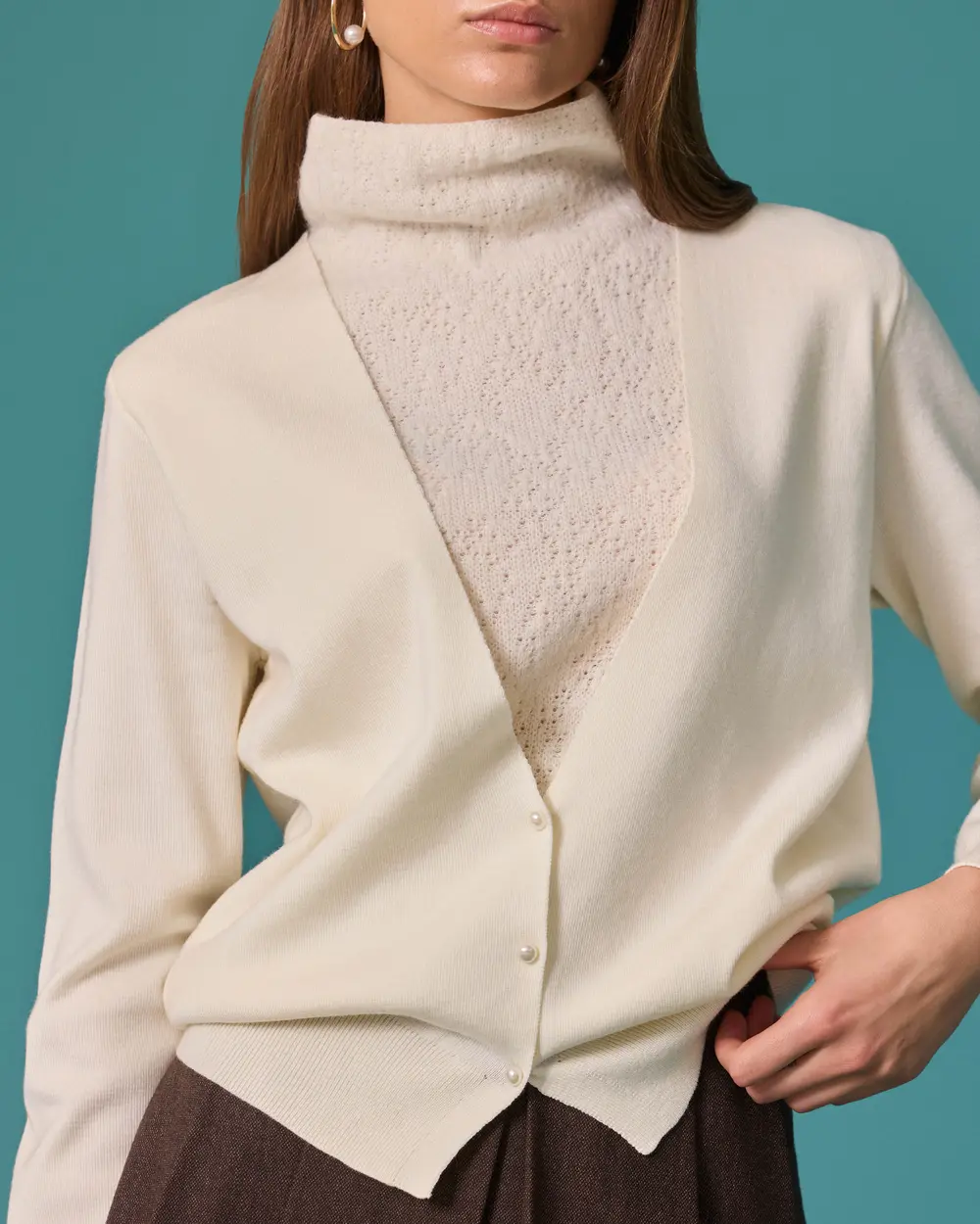 V-Neck Knit Sweater with Pearl Button Details
