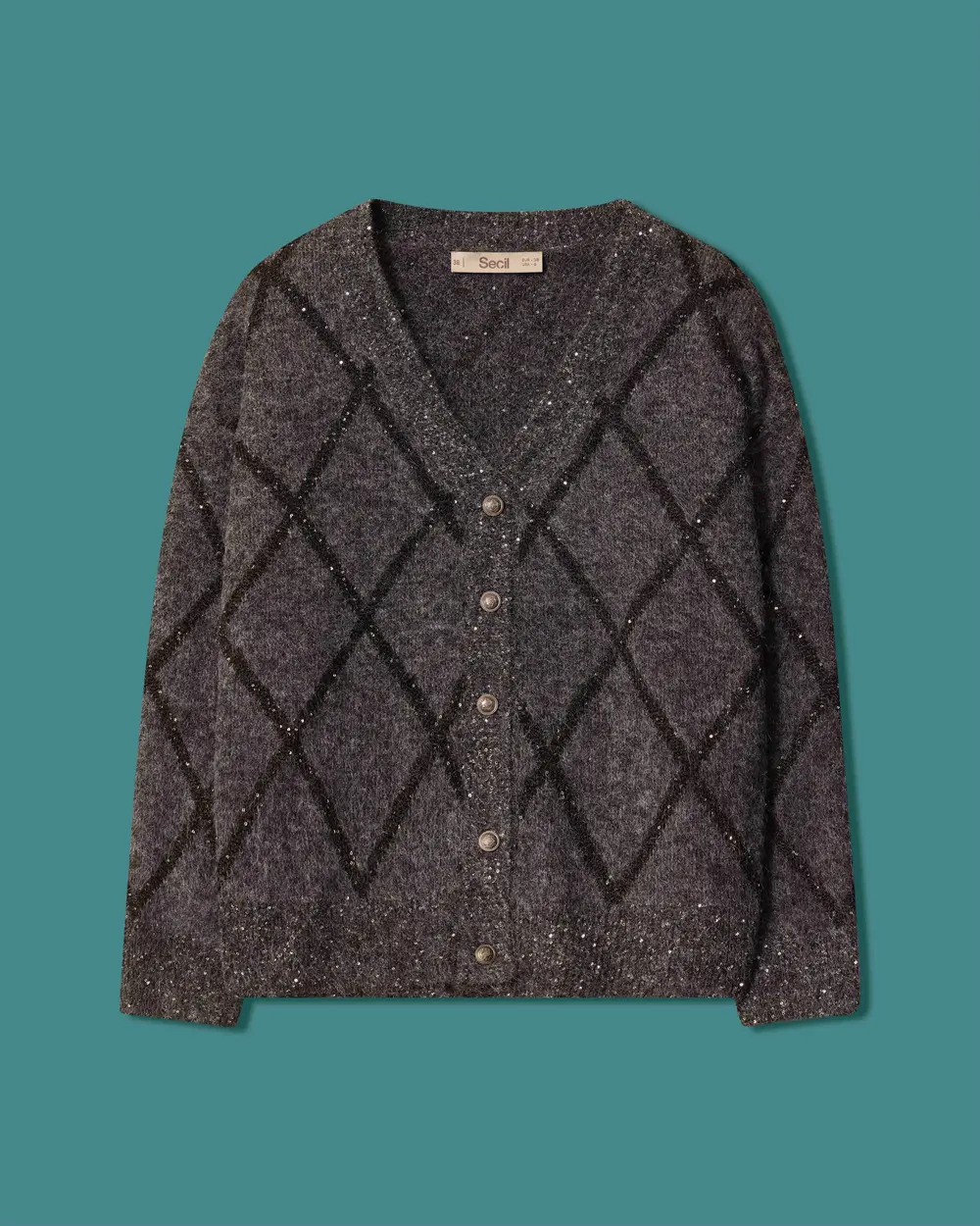 V-Neck Knit Cardigan with Beaded Baklava Pattern
