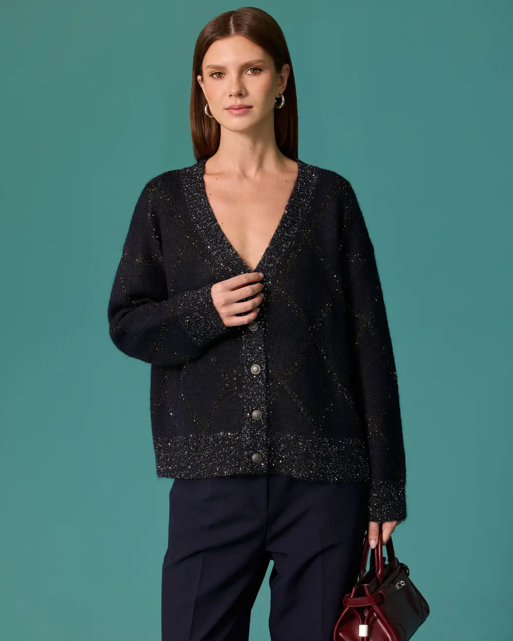V-Neck Knit Cardigan with Beaded Baklava Pattern