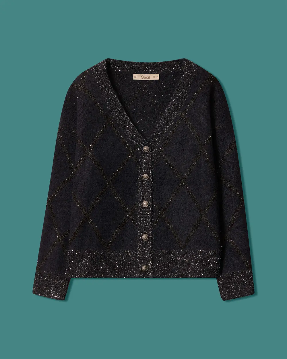 V-Neck Knit Cardigan with Beaded Baklava Pattern