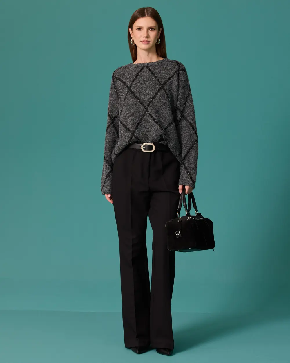 Crew-Neck Knit Sweater with Beaded Baklava Pattern