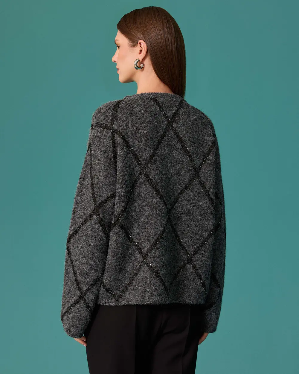 Crew-Neck Knit Sweater with Beaded Baklava Pattern