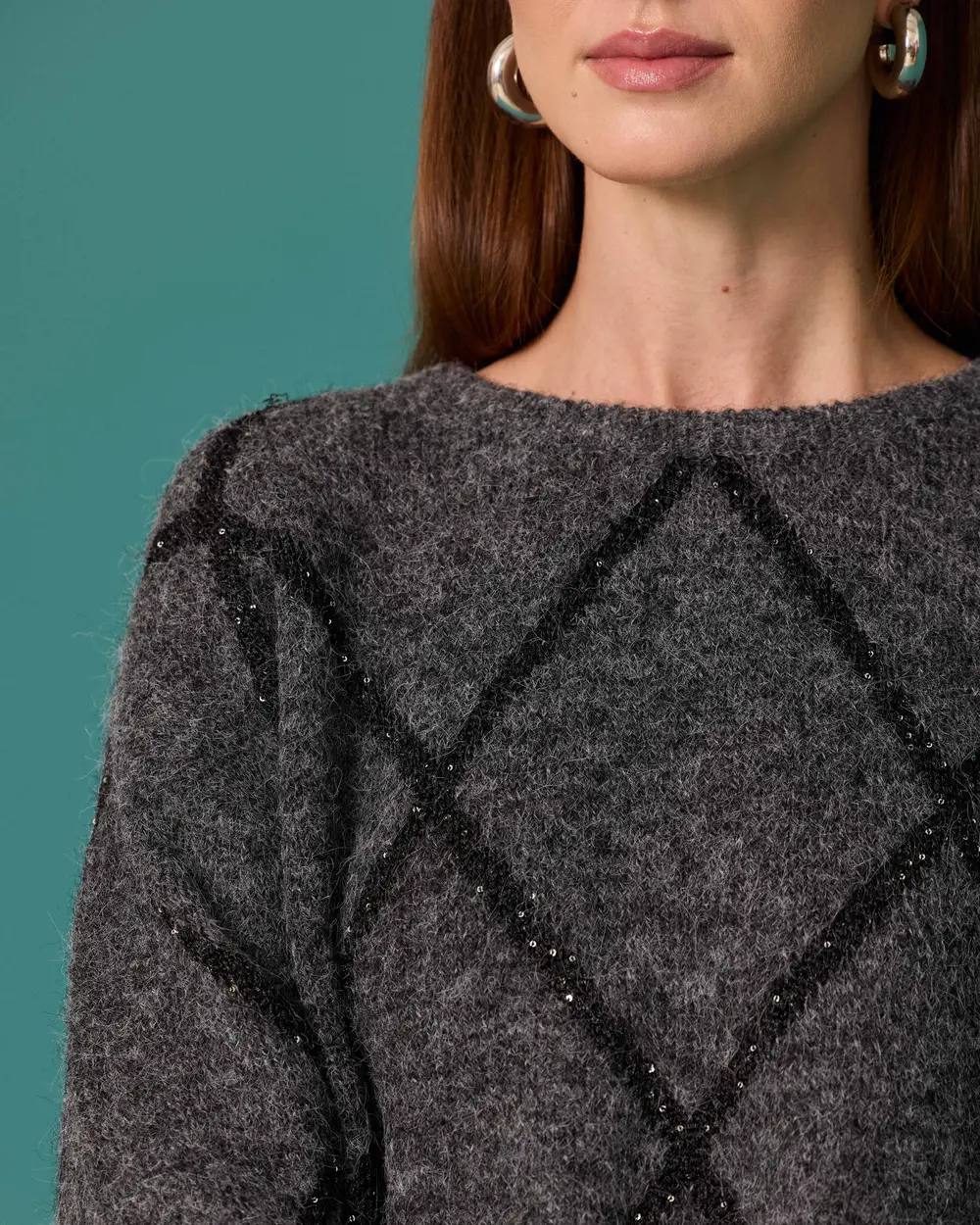 Crew-Neck Knit Sweater with Beaded Baklava Pattern