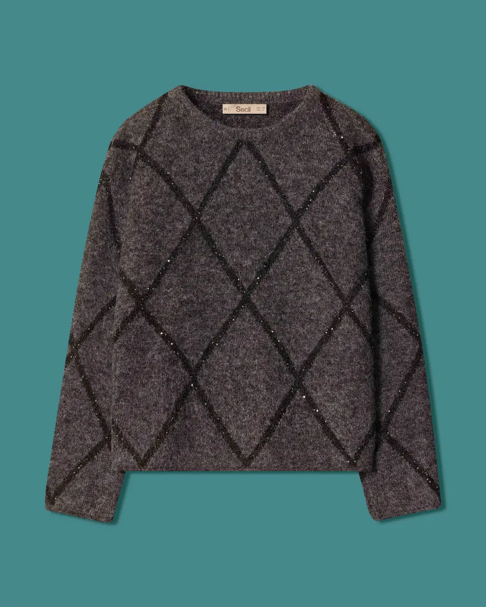 Crew-Neck Knit Sweater with Beaded Baklava Pattern