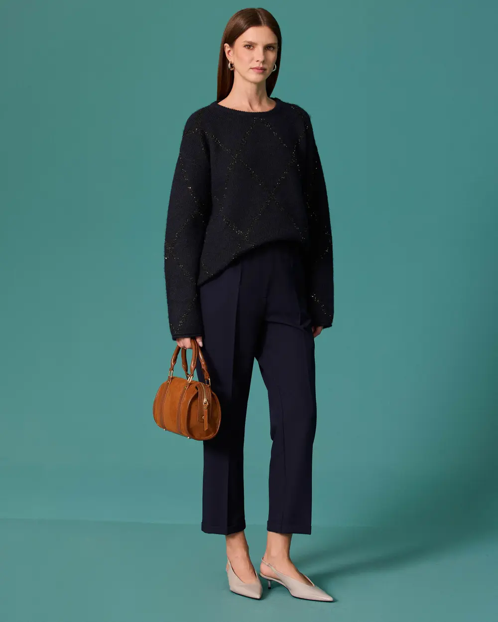 Crew-Neck Knit Sweater with Beaded Baklava Pattern
