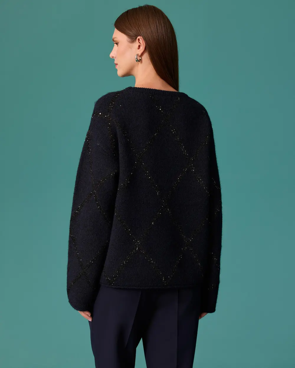 Crew-Neck Knit Sweater with Beaded Baklava Pattern
