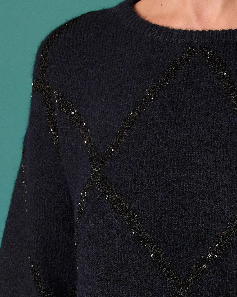 Crew-Neck Knit Sweater with Beaded Baklava Pattern