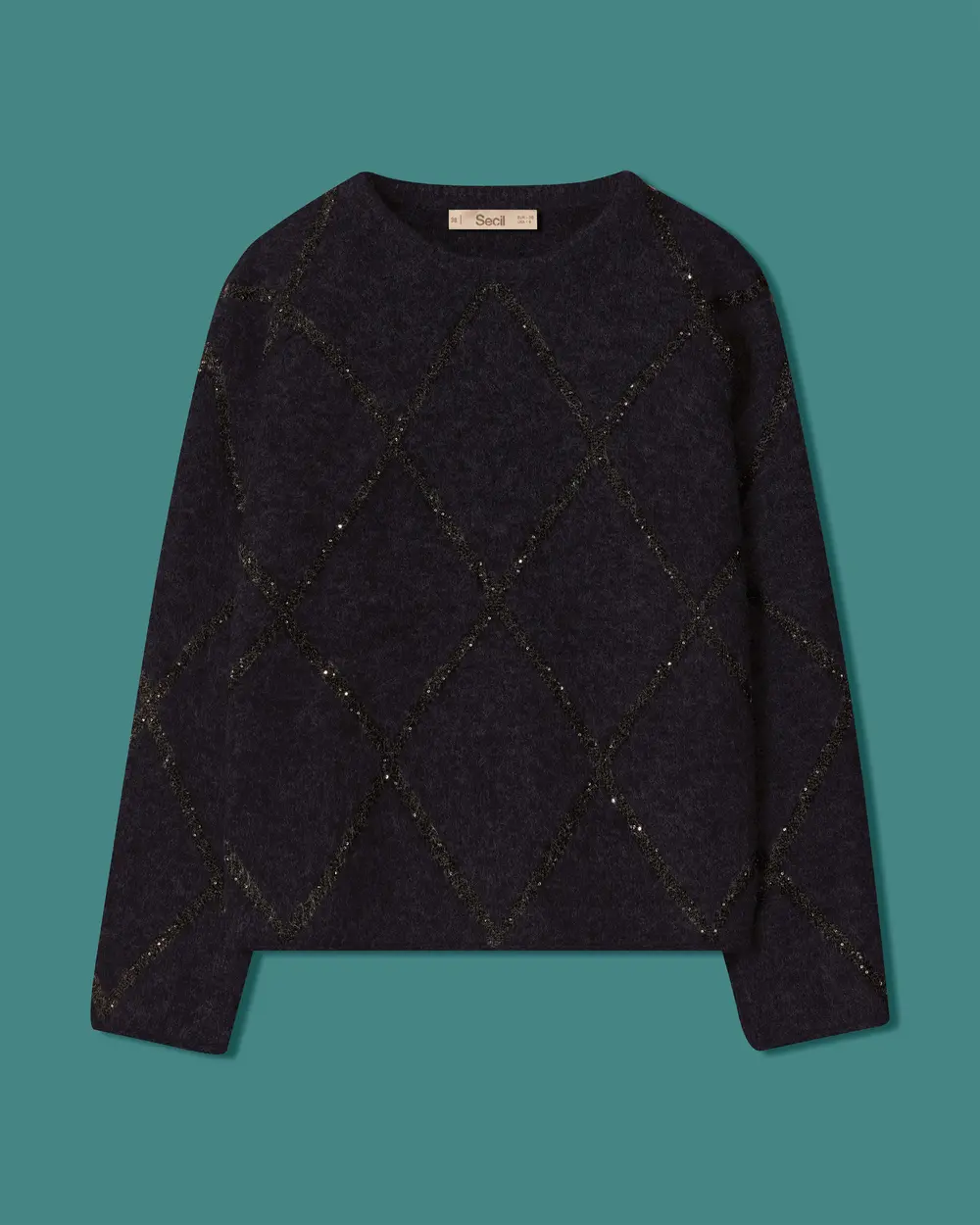 Crew-Neck Knit Sweater with Beaded Baklava Pattern