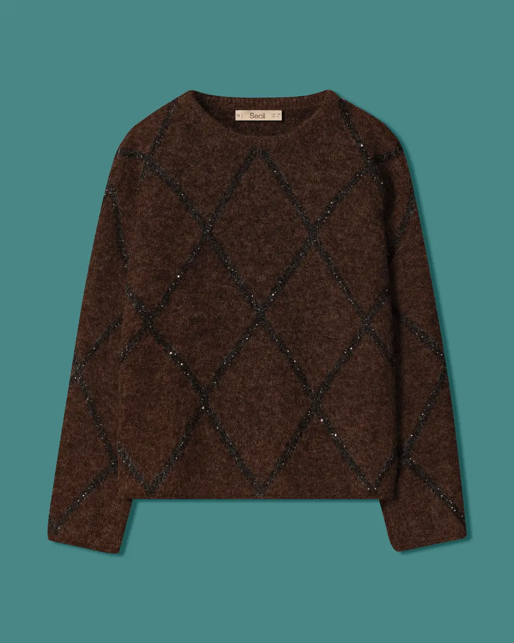 Crew-Neck Knit Sweater with Beaded Baklava Pattern
