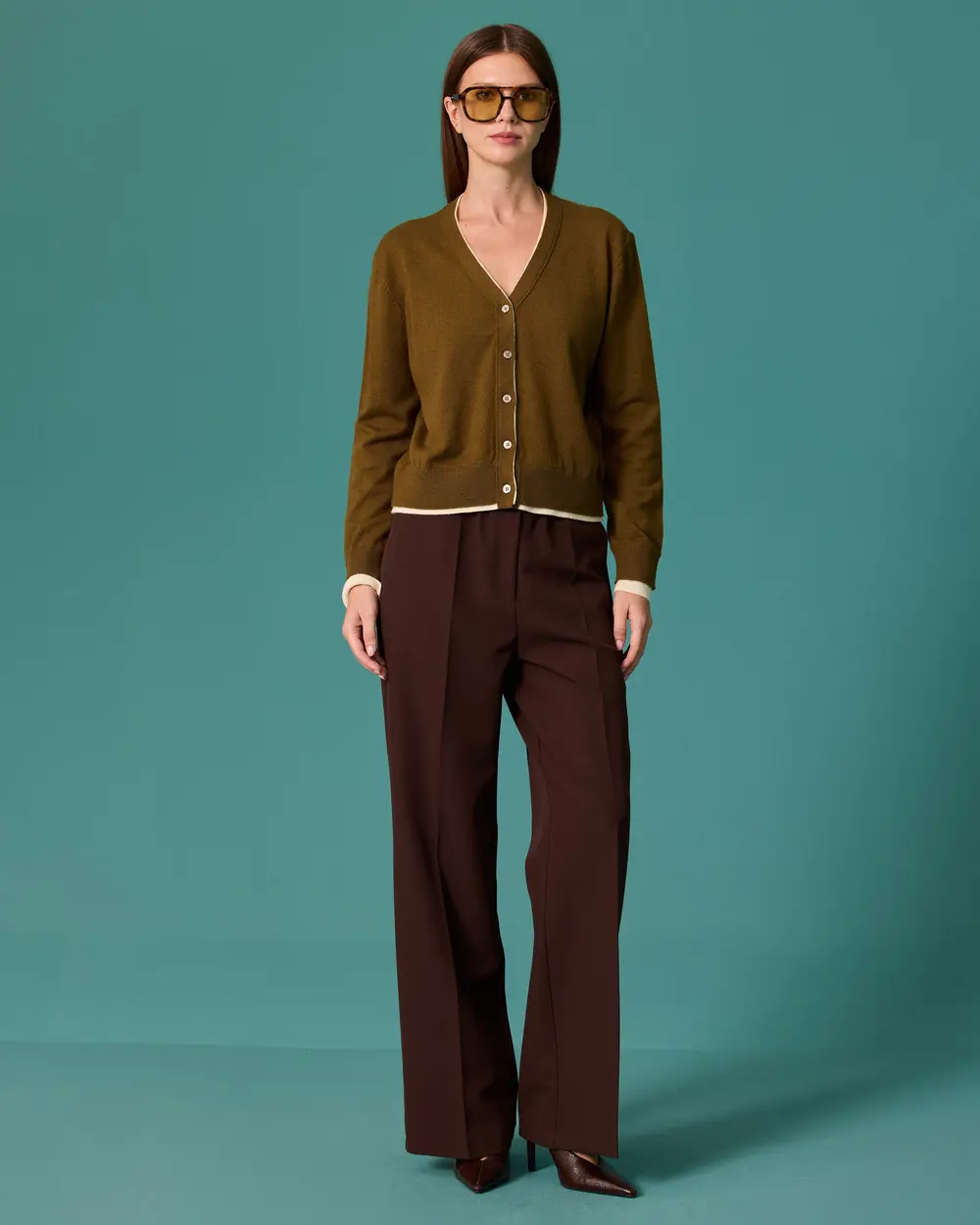 V-Neck Knit Cardigan with Contrast Strip Detail