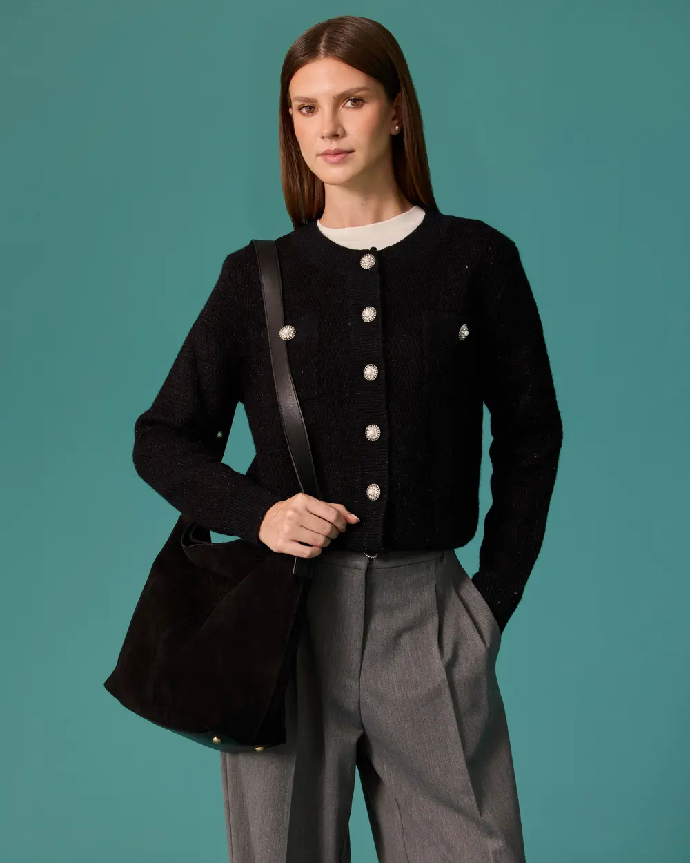 Knit Cardigan with Stone-Button Details and Pockets