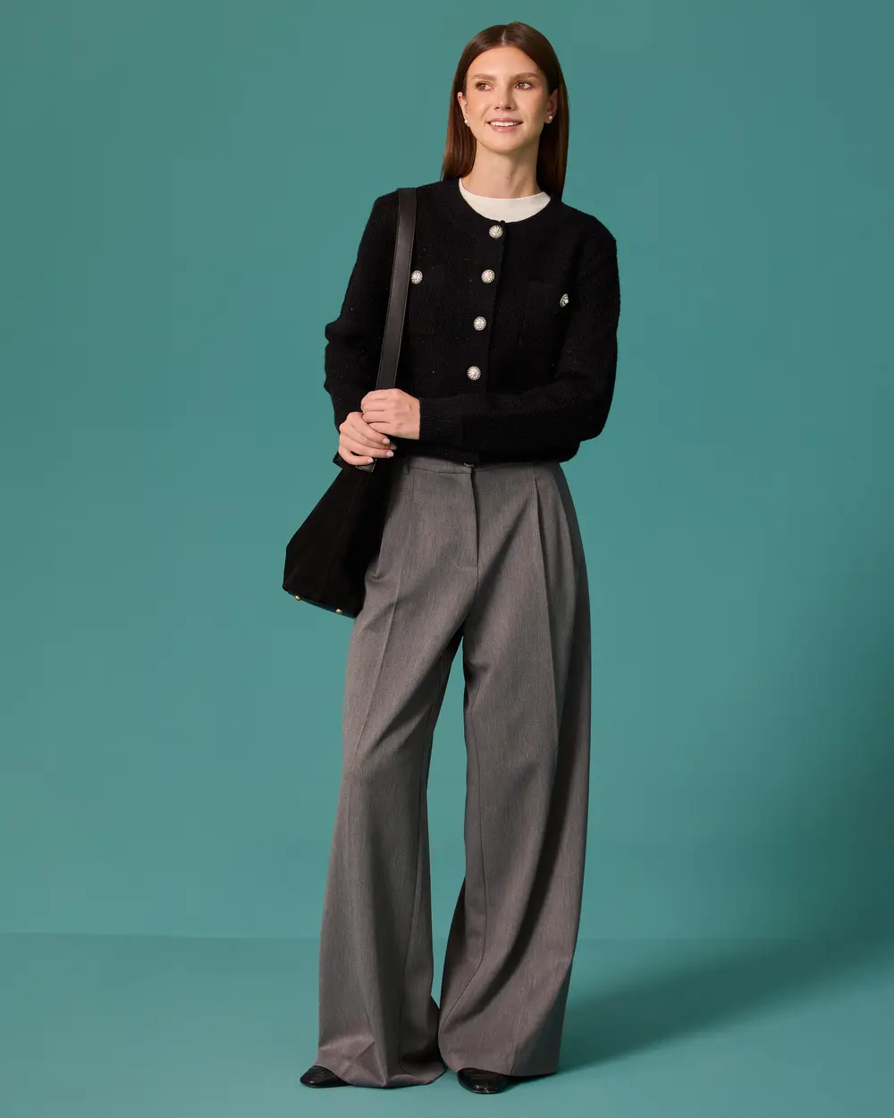 Knit Cardigan with Stone-Button Details and Pockets