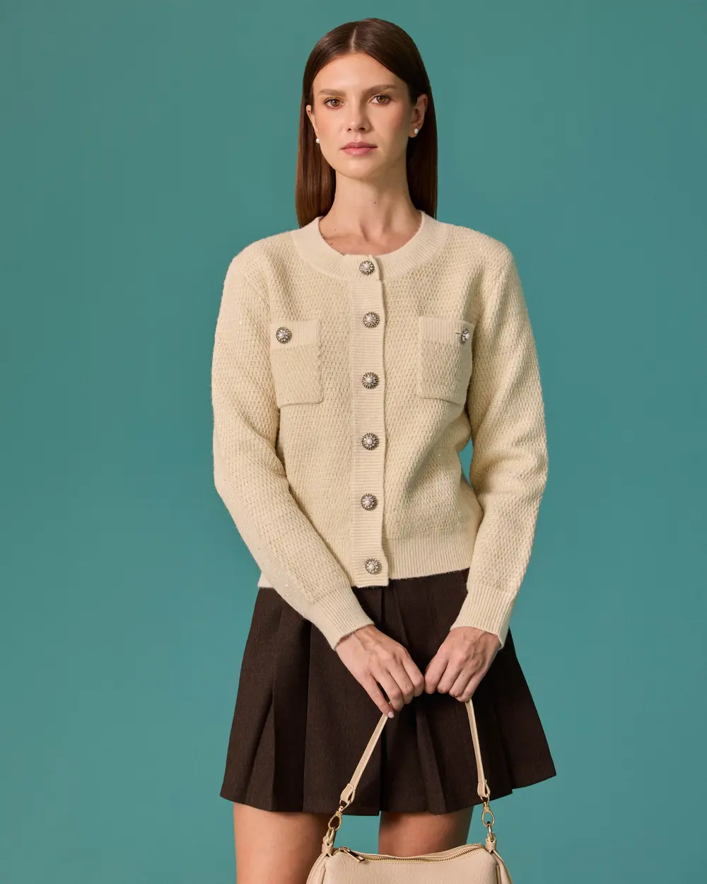 Knit Cardigan with Stone-Button Details and Pockets