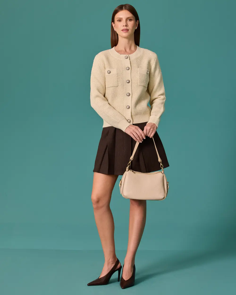 Knit Cardigan with Stone-Button Details and Pockets