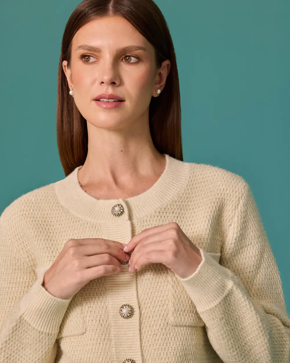 Knit Cardigan with Stone-Button Details and Pockets